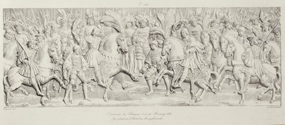 Möte mellan Francois I och Henrik VIII på Guldtygets fält, efter den snidade stenreliefen på Hotel de Bourgtheroulde, Rouen, Normandie, 1501-37, graverad av Godefroy Engelmann (1788-183) av Alexandre Evariste Fragonard