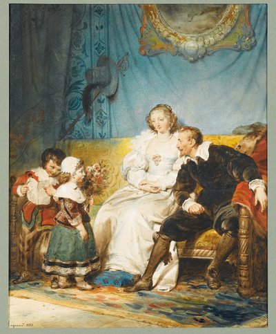 Rubens och Hélène Fourment sitter med Frans som håller ett brev och Isabelle Hélène ger dem en bukett rosor av Alexandre Evariste Fragonard