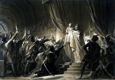 Kejsarinnan Maria-Theresa (1717-80) presenterar den framtida Josef II för Magnaterna i Ungern (grafit, sepiatvättar med bläck och gouache på papper) av Alexandre Evariste Fragonard