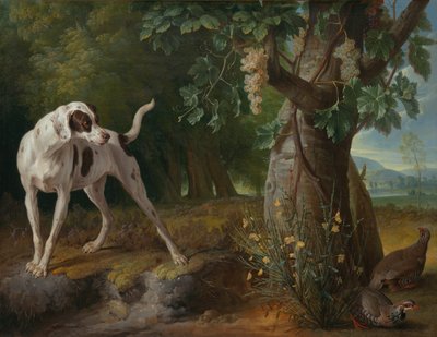 Hund som pekar på rapphöns i ett landskap av Alexandre Francois Desportes