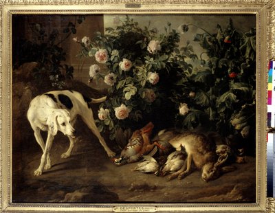 Hundhåller vilt nära en buske av rosor Målning av Francois Desportes (1661-1743) 1724 Sön. 1,07x1,38 m Paris, Louvren. av Alexandre Francois Desportes