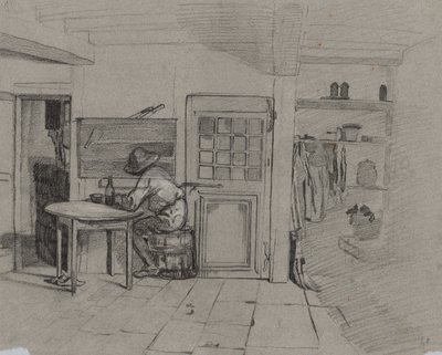 En bondgårdsinredning med en pojke vid ett bord, ca. 1846. av Alexandre Gabriel Decamps