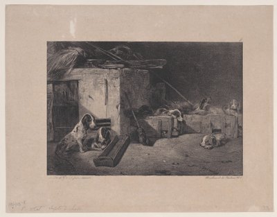 Interiör av kenneln, från serien Hunting Scenes, 1829. av Alexandre Gabriel Decamps