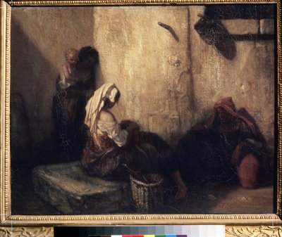 ""Gatuscen i Italien"" (italiensk gatubild) Skuggor av tre kvinnor, några mammor och förmodligen marknadsförsäljare, i en mörk gränd. I centrum, en kvinna som troligen avlusar ett barn (avlusar). Målning av Alexandre Gabriel Decamp av Alexandre Gabriel Decamps