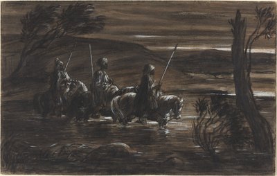 Tre arabiska ryttare som korsar en flod av Alexandre Gabriel Decamps