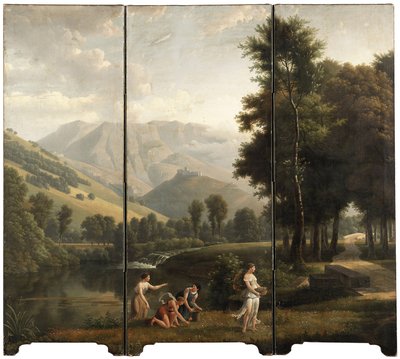 Ett arkadiskt landskap med jungfrur som samlar blommor vid en flodstrand, ett slott på en kulle bortom, 1801 av Alexandre Hyacinthe Dunouy