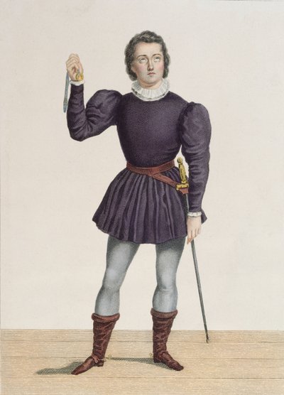 Frederick Lemaitre (1800-76) som Edgard i "La Fiancee de Lammermoor" av Walter Scott (1771-1832) på Theatre de la Porte Saint-Martin (färggravyr) av Alexandre Lacauchie