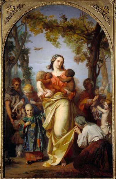 Universell välgörenhet. Personifiering av välgörenhet som håller de olika folken i världen i sina armar. Målning av Alexandre Laemlein (1813-1871) av Alexandre Laemlein