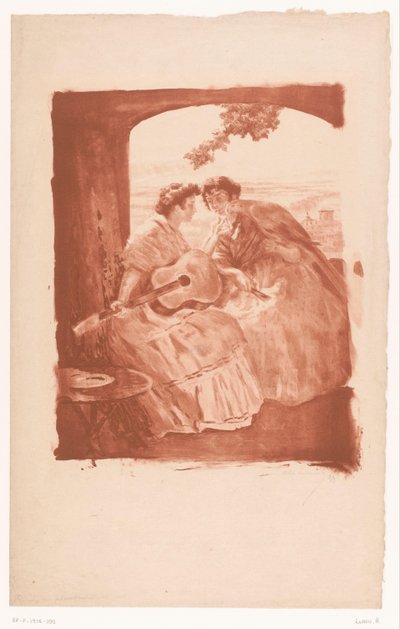 Två spanska kvinnor med en gitarr och en papegoja av Alexandre Lunois (signed by artist)