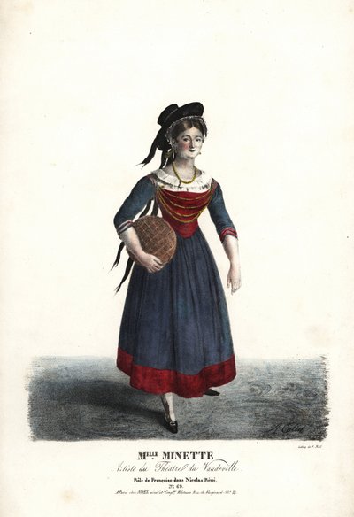 Skådespelerskan Mademoiselle Minette eller Jeanne-Marie-Francoise Menestrier som Francoise i Nicolas Remi av Sewrin, Theatre du Vaudeville av Alexandre Marie Colin