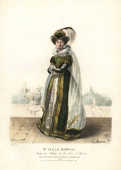 Marie Dorval eller Madame Allan Dorval som drottning Elisabeth i Le Chateau de Kenilworth av Jean-Baptiste Blache och Henri Lemaire, Theatre de la Porte St. Martin av Alexandre Marie Colin