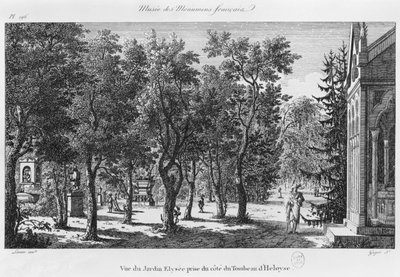 Musee des Monuments Francais, Paris, utsikt över Jardin Elysee från Heloises och Abelards grav, graverad av Laurent Guyot (1756-1806) av Alexandre Marie Lenoir
