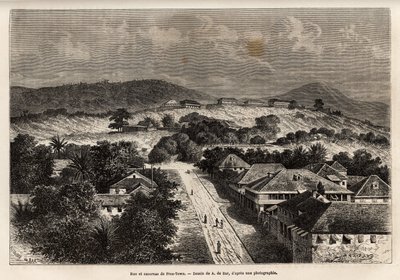 Rue et barracks de Freetown, Sierra Leone, gravyr efter teckningen av A. de Bar, som illustrerar resan till Côte d