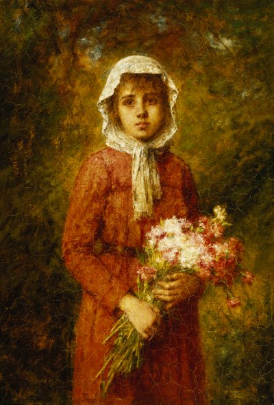 En ung flicka som håller en bukett blommor, av Alexei Alexevich Harlamoff
