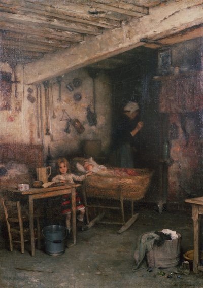 Barn i en stuga interiör (olja på duk) av Alexei Alexevich Harlamoff