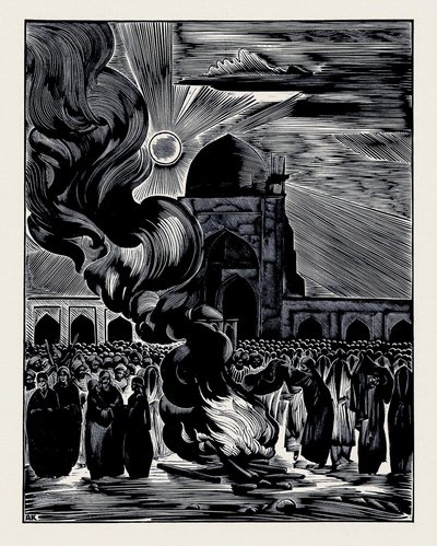 Befrielsen av muslimska kvinnor. Burning the Veil, 1928 av Alexei Ilyich Kravchenko