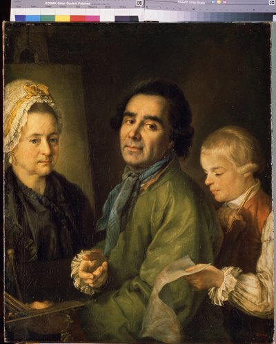 Porträtt av konstnären Alexei P.Antropov (1716-1795) med sin son (Porträtt av konstnären Alexei P.Antropov med sin son). Målning av Petro Semyonovich Drozhdin (1745-1805), olja på duk av Alexei Petrovich Antropov