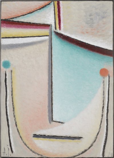 Abstrakt huvud: rosa-ljusblått, 1929 (olja på kartong) av Alexej von Jawlensky