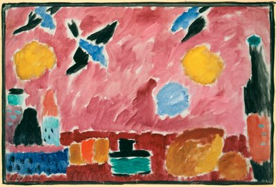 Med röda svalmönstrade tapeter - Målning av Alexei von Javlensky (1864-1941), olja på kartong av Alexej von Jawlensky