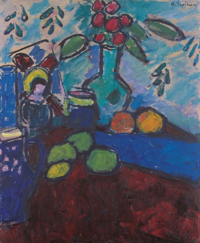 Stilleben med omvänd glasmålning, grön vas och frukt av Alexej von Jawlensky