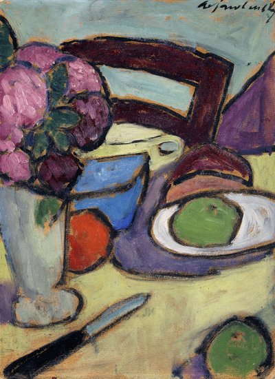 Stilleben med stol och bukett; Stilleben med stol och blomstergatan, 1906 av Alexej von Jawlensky