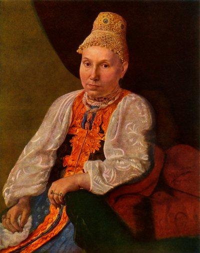 Porträtt av frun till Obraztsov, köpmannen från Rshev, 1830-talet, 1965. av Alexey Venetsianov