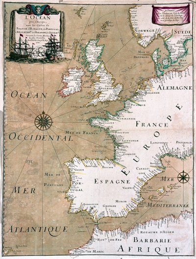 Der Ozean mit der Küste von Frankreich, Spanien, Portugal, England, Niederlande, Dänemark - von A von Alexis-Hubert Jaillot