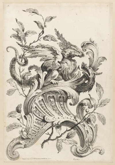 Winged Griffon på en Rocaille Bracket, från Premiere Partie Diverse Ornements av Alexis Peyrotte