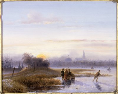Flodlandskap med skridskoåkare (olja på pannå) av Alexis de Leeuw