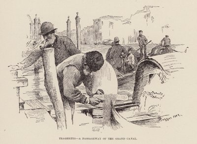 Traghetto, en passage i Canal Grande (gravyr) av Alezzandro Zezzos
