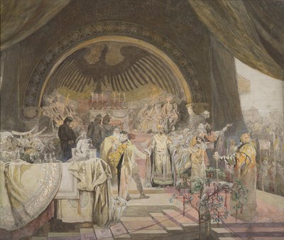 Ottokar II av Böhmen. The Union of Slavic Dynasties Cykeln The Slav Epic Sketch. av Alfons Marie Mucha