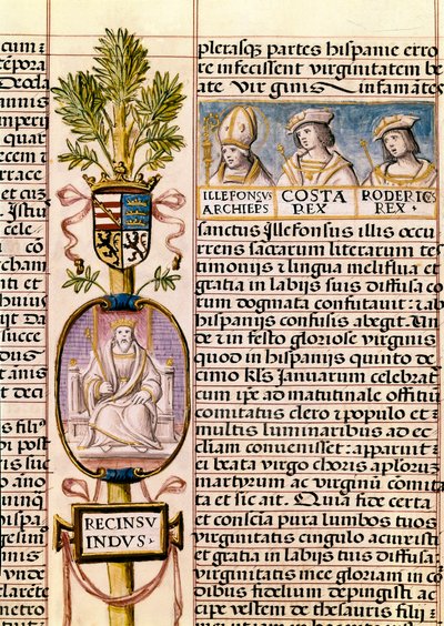 Porträtt av Flavius ​​​​Recceswinth, kung av visigoterna i Spanien från 653 till hans död 672, miniatyr i "Släktforskning av kungarna av Spanien" av Alfonso de Cartagena