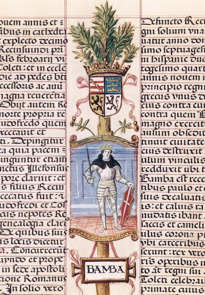 Porträtt av den västgotiska kungen Wamba (d. 688, kung av Spanien från 672-680/681, från "Släktforskning av kungarna av Spanien" av Alonso de Cartagena av Alfonso de Cartagena