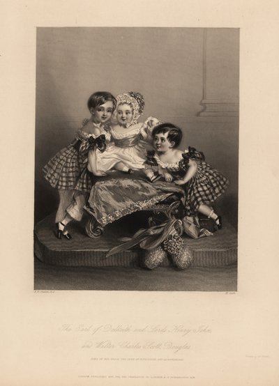 Earl of Dalkeith (William Henry), Henry John och Walter Charles Scott Douglas, son till den 5:e hertigen av Buccleuch, 7:e hertigen av Queensberry. Två söner bär tartanklänningar med band, med den yngsta i huva och satinklänning. Stålstick av H. Cook a av Alfred Edward (after) Chalon
