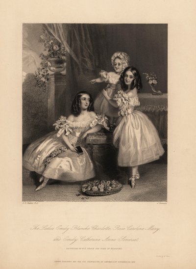 Porträtt av Emily Blanche Charlotte, Rose Caroline och Emily Catherine Anne Somerset, döttrar till Henry Somerset, 7:e hertigen av Beaufort. Tre unga systrar med ringlets i satinklänningar med band och spets, balettskor. Stålstick av J. Thomson a av Alfred Edward (after) Chalon