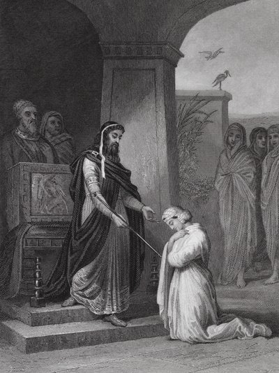 Ester inför kung Ahasverus, Ester, kap 15, v 11 (gravyr) av Alfred (after) Johannot