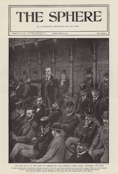 Den irländska parlamentsledamoten John Redmond talar till underhuset (litho) av Alfred (after) Pearse