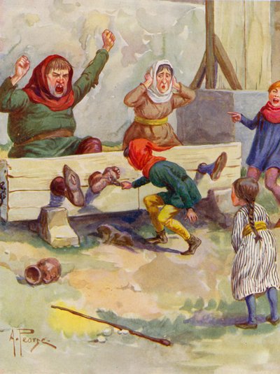 Merrie England: In the stocks (färglitografi) av Alfred (after) Pearse