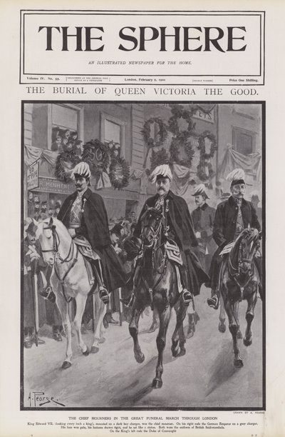 De främsta sörjande vid drottning Victorias begravningståg genom London (litho) av Alfred (after) Pearse