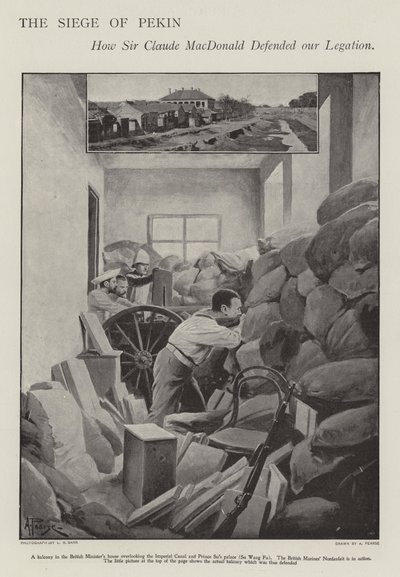 Försvaret av den belägrade brittiska legationen i Peking under boxerupproret (litho) av Alfred (after) Pearse