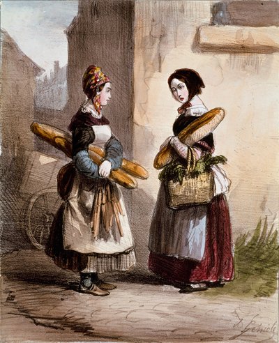 Små metier: bageriet. Ung gående brödhandlare. Tryck av Alfred Andre Geniole (1813-1861) från "Les femmes de Paris" 1841-1842 Paris, Musee Carnavalet av Alfred Andre Geniole