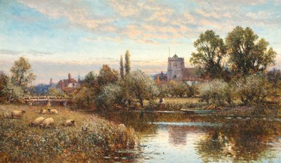 Får som betar före Wrotham Church, skymning av Alfred Augustus Glendening