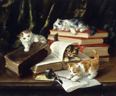 Kattungar som leker på skrivbordet av Alfred Brunel de Neuville