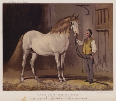 Cream State Carriage Horse, av Hennes Majestäts Stud (färg litho) av Alfred Chantrey Corbould