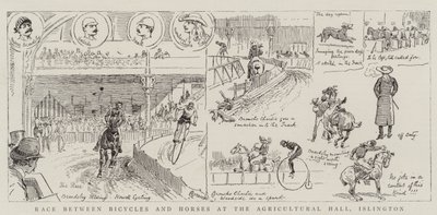 Race mellan cyklar och hästar i Agricultural Hall, Islington av Alfred Chantrey Corbould
