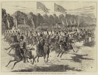 Recensionen i Windsor Park före Hennes Majestät och Shahen, artilleriet som passerar i galopp (gravyr) av Alfred Chantrey Corbould