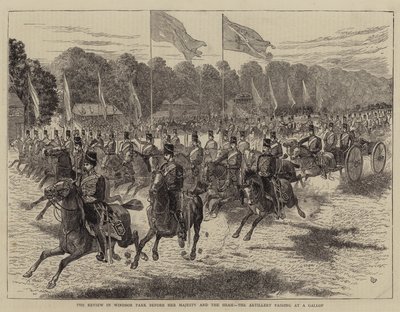 Recensionen i Windsor Park inför Hennes Majestät och Shahen, artilleriet passerar i galopp av Alfred Chantrey Corbould