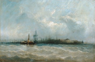 New York från hamnen som visar batteriet och slottsträdgården, 1858. av Alfred Copestick