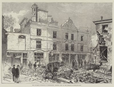 The Dynamite Outrages i Westminster, allmän syn på skadan i Scotland-Yard av Alfred Courbould