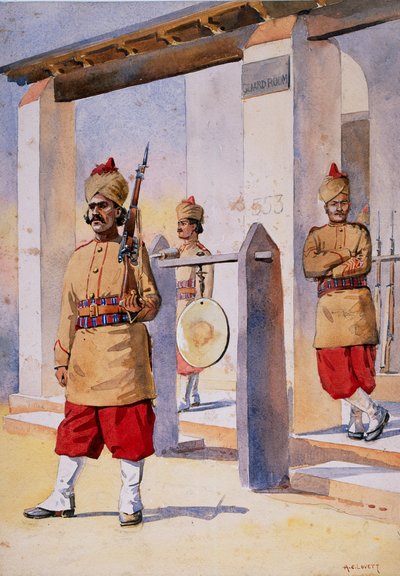 Soldater från den 124:e hertiginnan av Connaughts egna Baluchistan-infanteri, illustration för "Armies of India" av major G.F. MacMunn, publicerad 1911, 1908 av Alfred Crowdy Lovett
